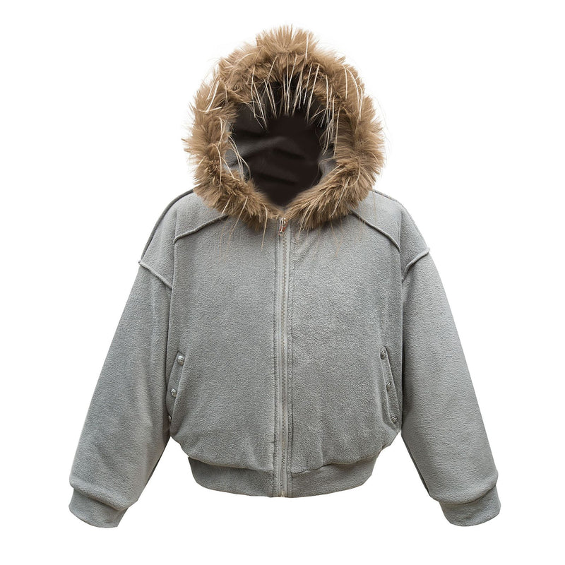 Bomber oversize à capuche doublée en polaire et bordée de fausse fourrure gris, vue de face