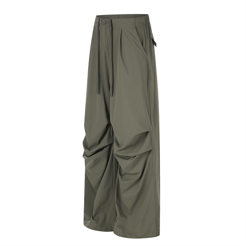 Wide-Leg Parachute Pants – Pleated Drawstring Trousers with Ruched Detail