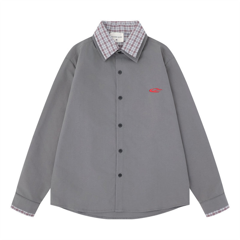 Men's Faux Two-Piece Plaid Collar Long Sleeve Shirt – Double-Layer Spliced