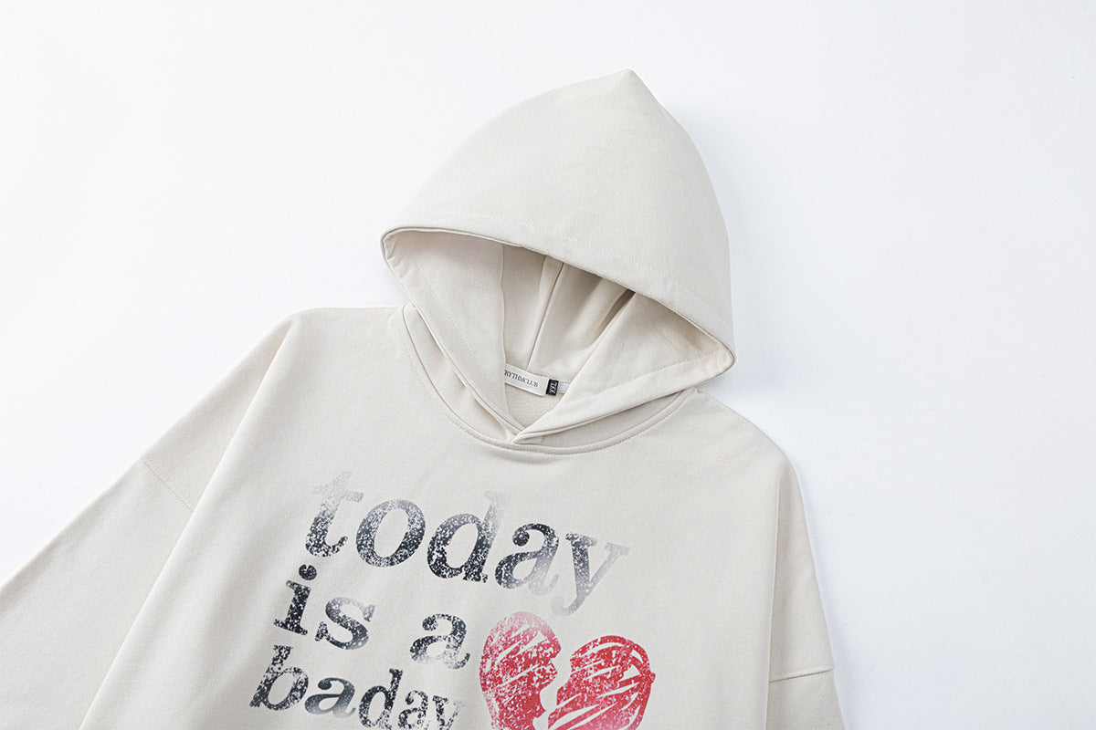 Broken Heart Hoodie mit Grafik – „Today Is a Bad Day“, Distressed-Print, Oversized