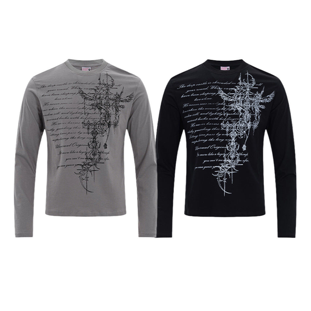 Men's long sleeve graphic T-shirt shown in gray and black front views with gothic cross script print