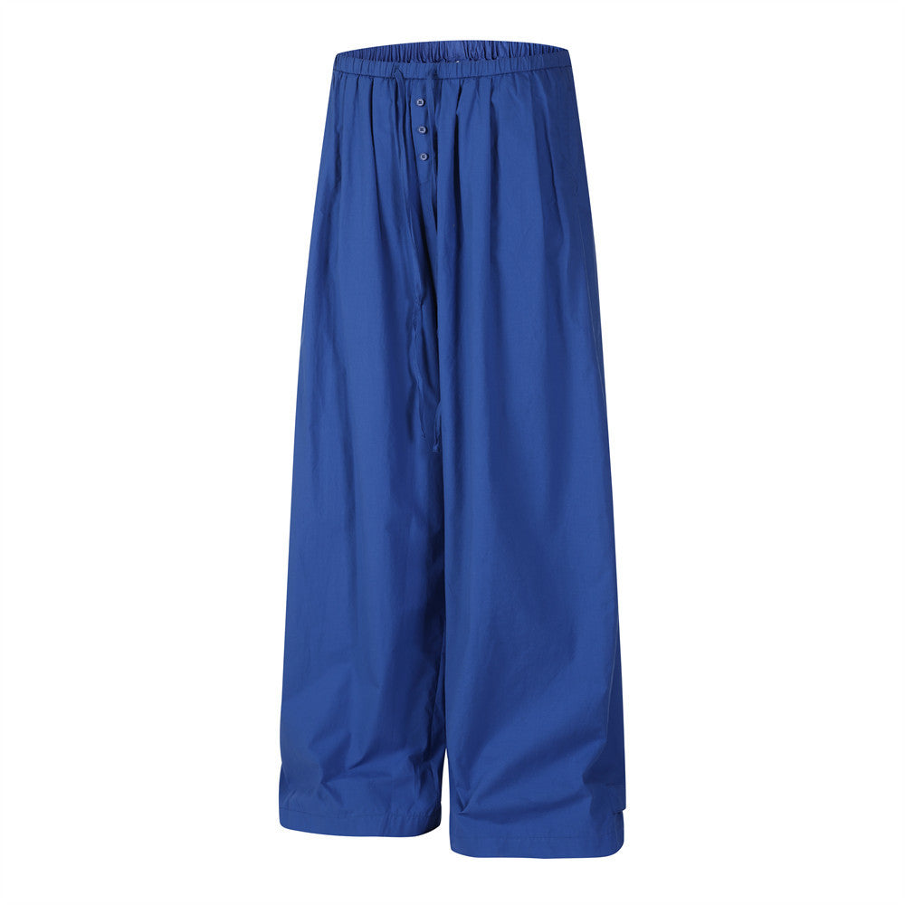 Wide-Leg Relaxed Fit Pants – Elastic Drawstring Waist, Button Placket, Solid