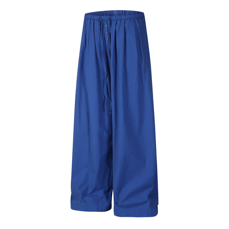 Wide-Leg Relaxed Fit Pants – Elastic Drawstring Waist, Button Placket, Solid