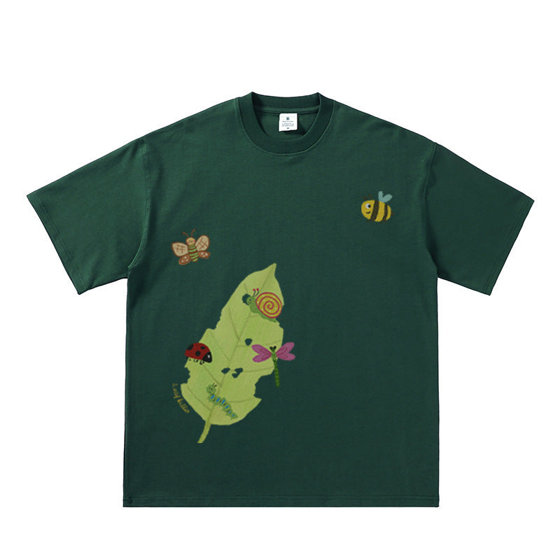 Cartoon Insect & Leaf Print Cotton T-Shirt
