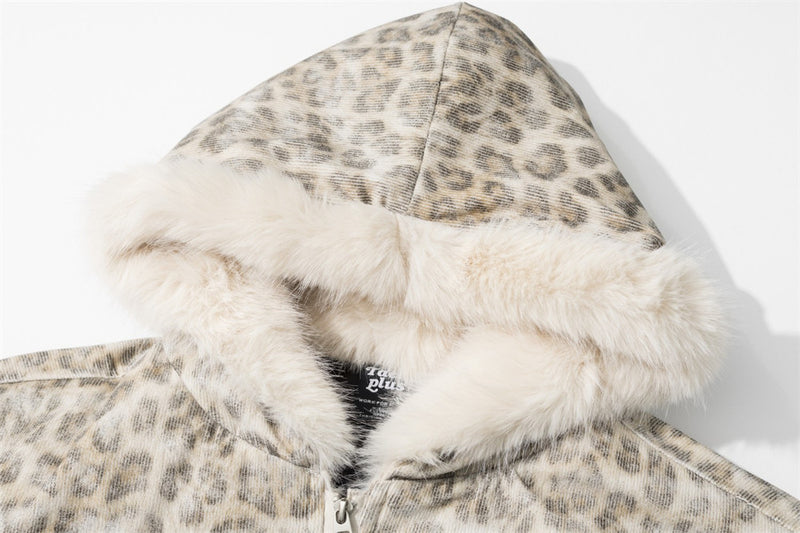 Leopard Print Hooded Bomber Jacket with Faux Fur Trim