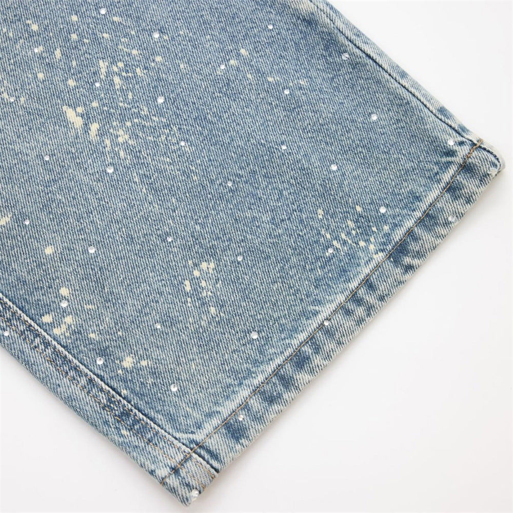 Wide-Leg Paint Splatter Jeans – Men's High-Street Light Blue Washed Denim