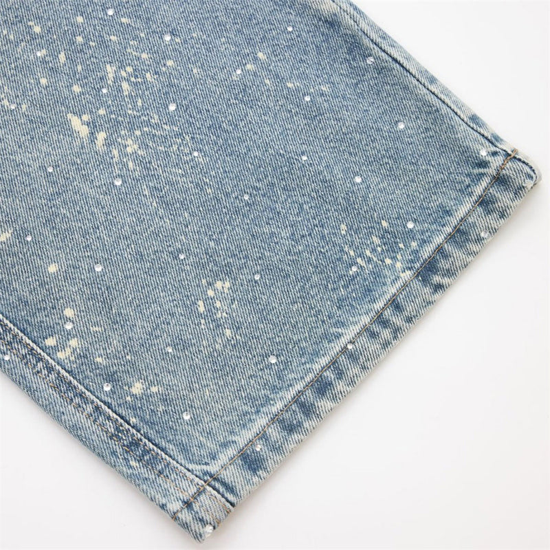 Wide-Leg Paint Splatter Jeans – Men's High-Street Light Blue Washed Denim