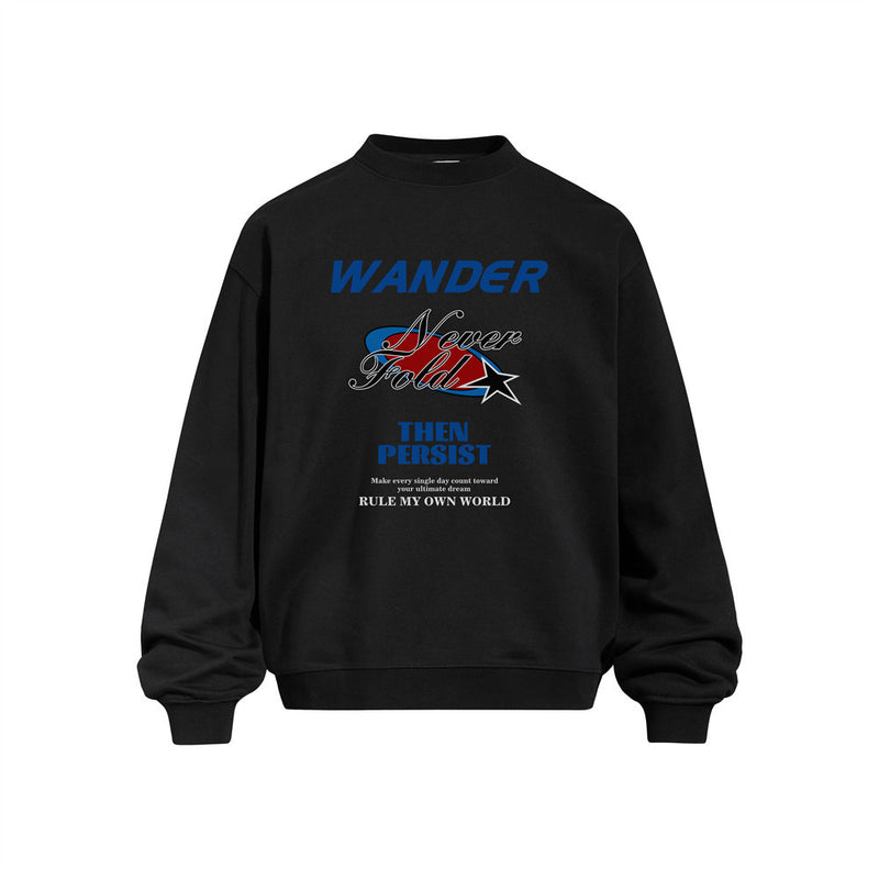 Oversized Graphic Print Sweatshirt – Wander Never Fold Slogan Crew Neck