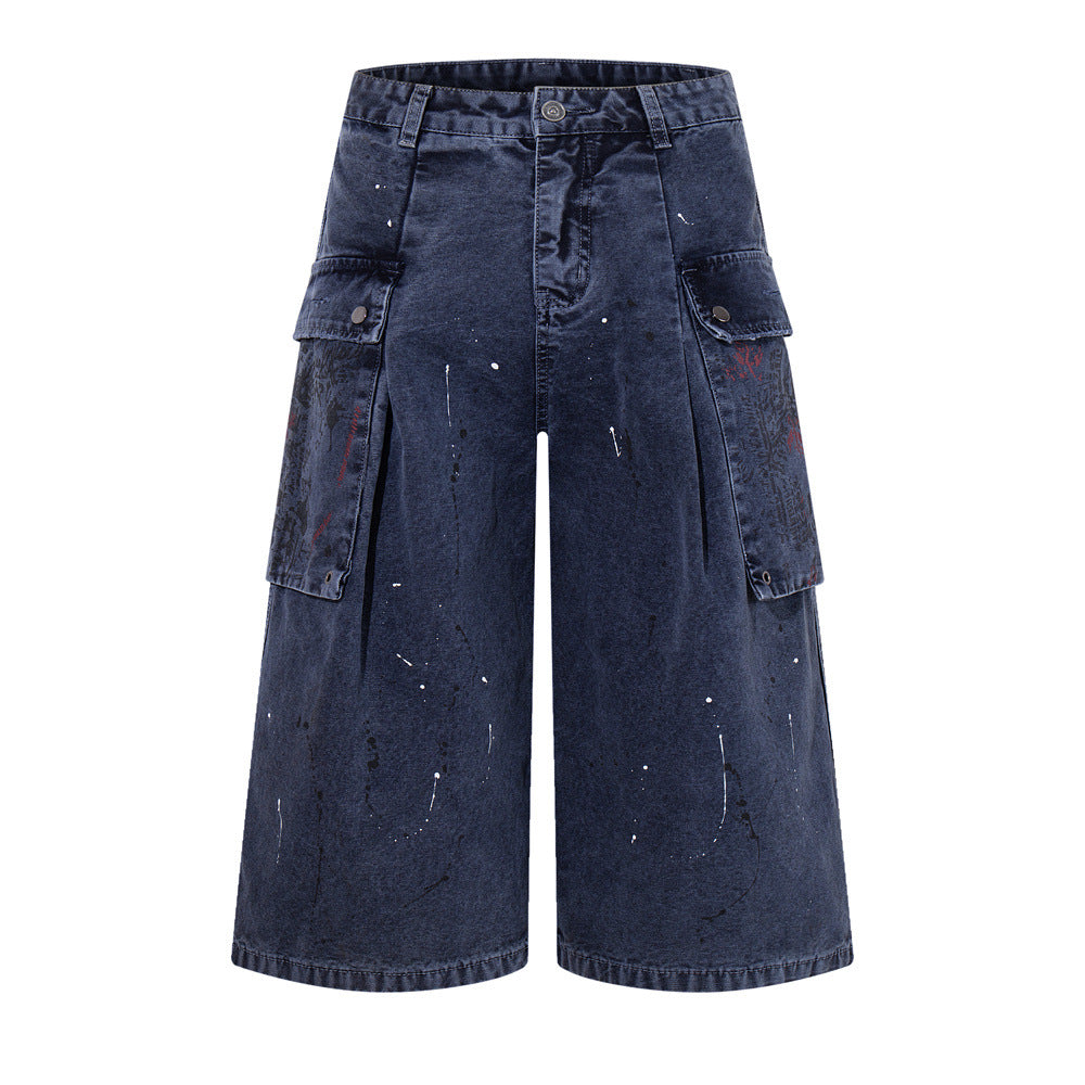 Paint Splatter Cargo Denim Shorts – Wide-Leg Washed Streetwear