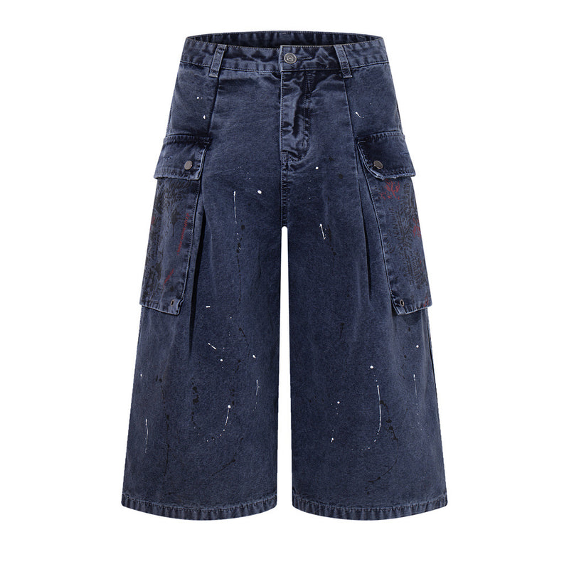 Paint Splatter Cargo Denim Shorts – Wide-Leg Washed Streetwear