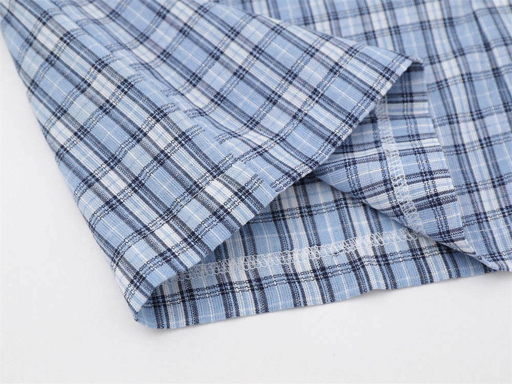 Plaid Long Sleeve Shirt with Colorblock Black Shoulder Panel and Crest