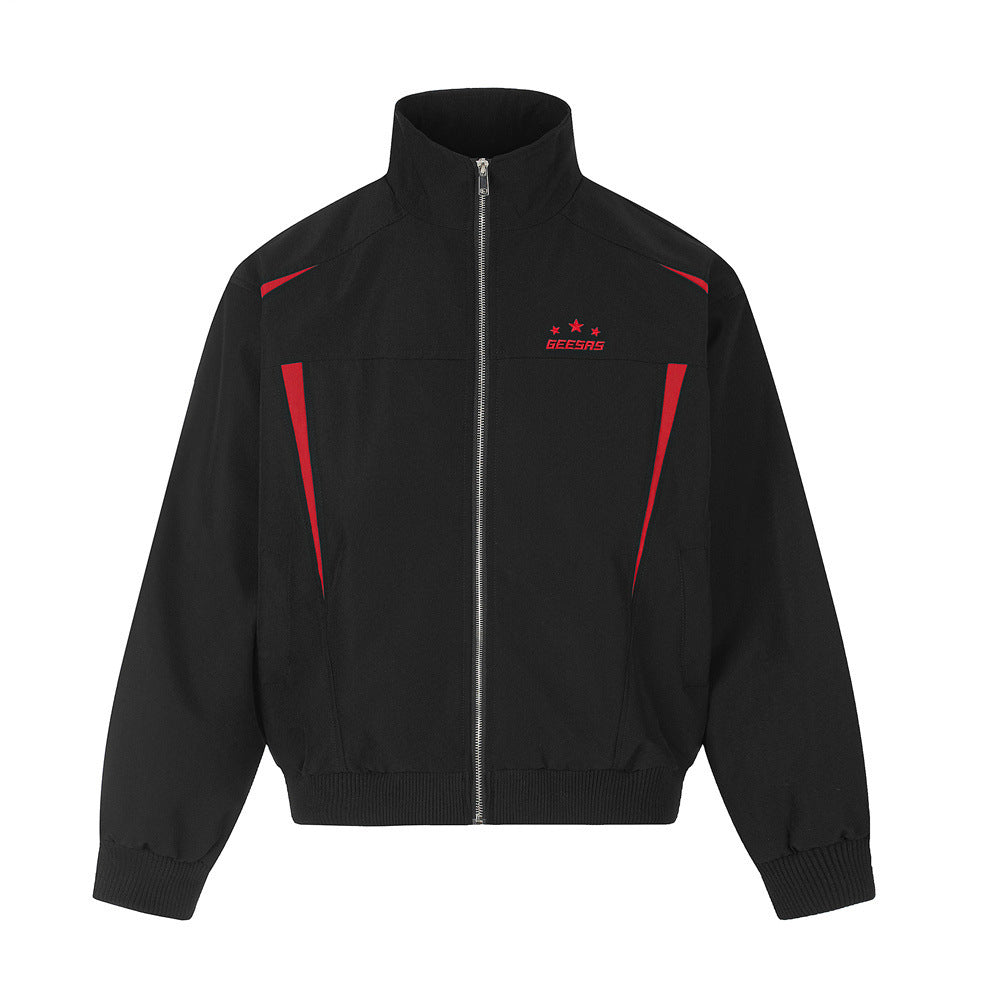 Men's black and red colorblock mock-neck track jacket and wide-leg pants tracksuit set by GEESAS