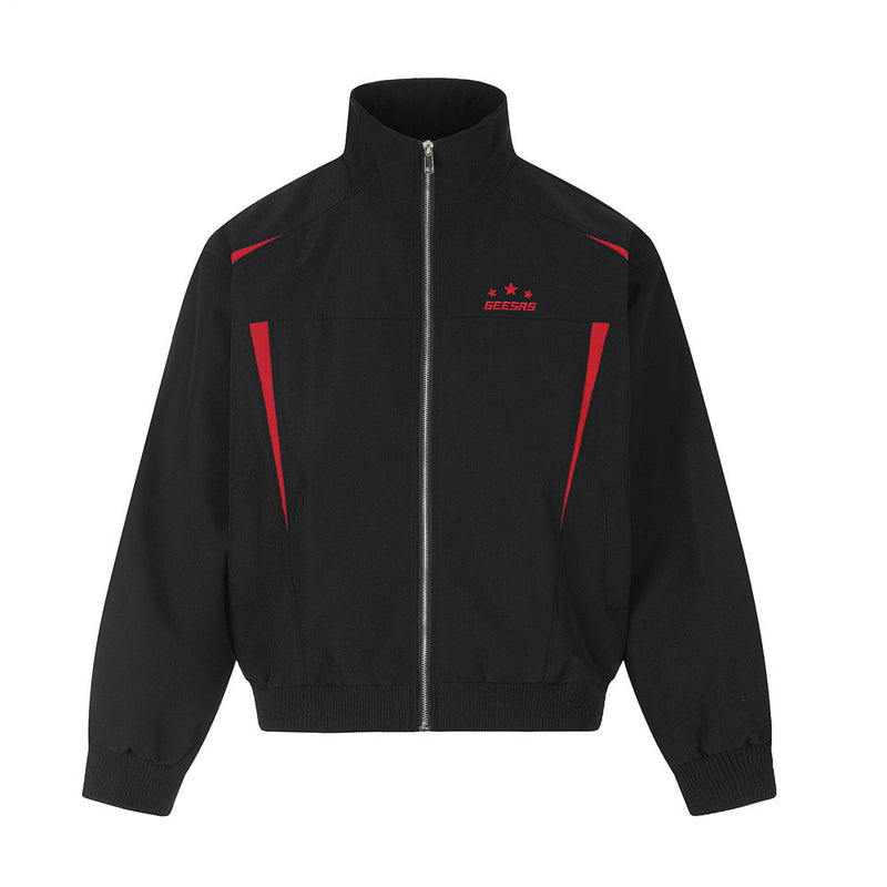 Men's black and red colorblock mock-neck track jacket and wide-leg pants tracksuit set by GEESAS