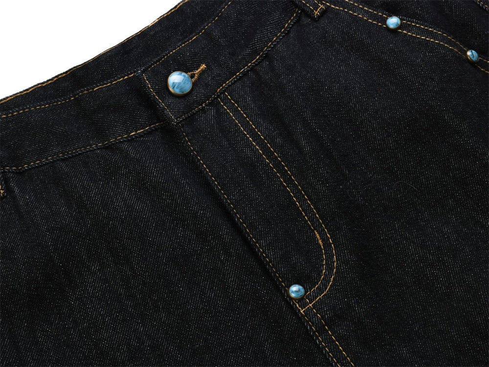 Wide-Leg Barrel Jeans – Turquoise Stud Detail, Curved Silhouette