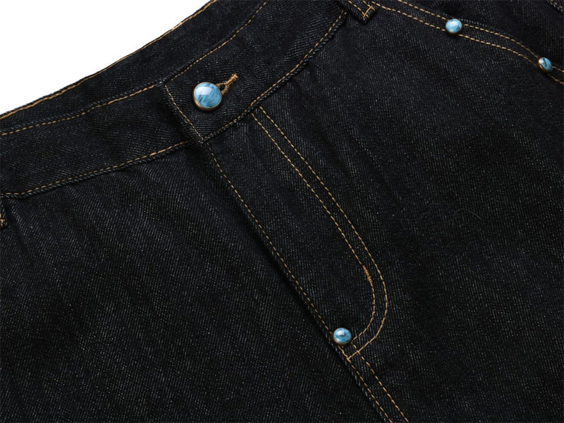 Wide-Leg Barrel Jeans – Turquoise Stud Detail, Curved Silhouette