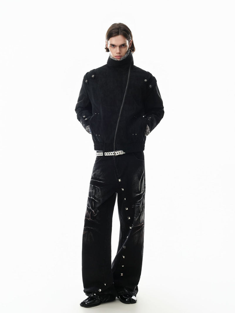 Schwarze Bomberjacke mit Wildlederoptik, Kunstpelzkragen und Wattierung im Biker-Stil