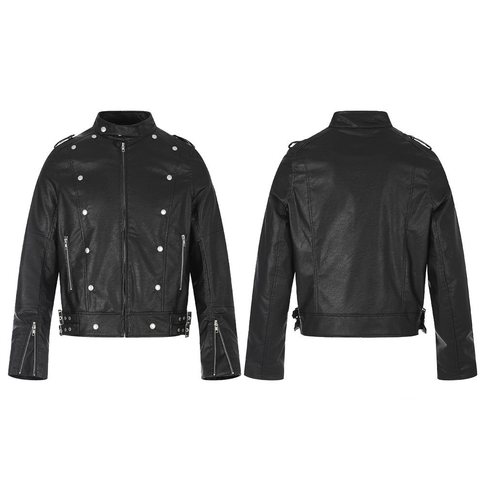 Men's Moto Leather Jacket – Double-Breasted Studded Stand Collar with Zip Cuffs