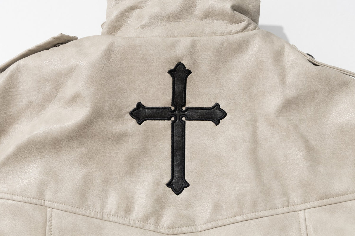 Gothic Cross Moto Jacket – Padded Faux Leather with Military Buttons & Cross