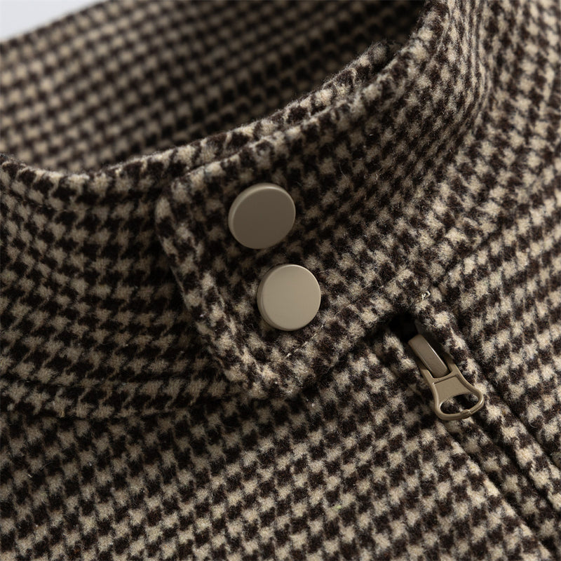 Houndstooth Wool-Blend Stand Collar Jacket – Men's Relaxed Fit Retro Bomber