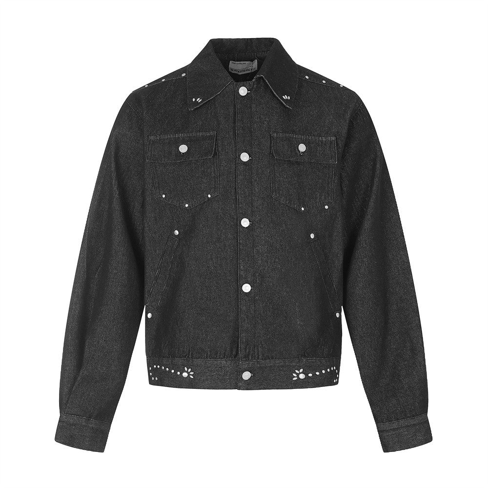 Men's Studded Denim Trucker Jacket – Short Cropped Fit with Silver Rivet Detail