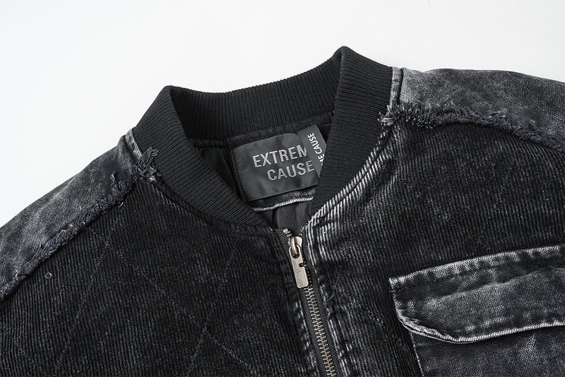 Quilted Corduroy Bomber Jacket – Acid-Washed Raw-Edge Baseball Jacket