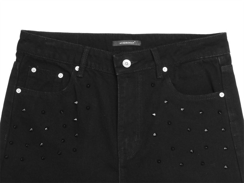 Schwarze Nieten-Wide-Leg-Flare-Jeans für Herren – Retro-Hippie-Denim