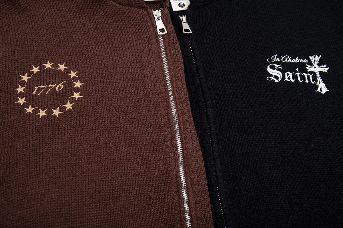 Sudadera de punto con cremallera y cruz gótica – Cárdigan de streetwear americano desgastado