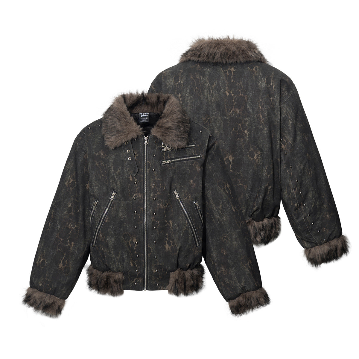 Men's Faux Fur Trim Biker Jacket – Vintage Distressed Leopard Print