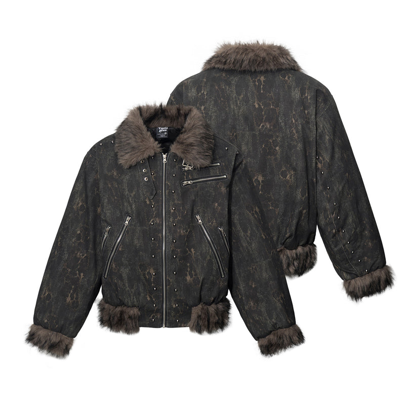 Men's Faux Fur Trim Biker Jacket – Vintage Distressed Leopard Print