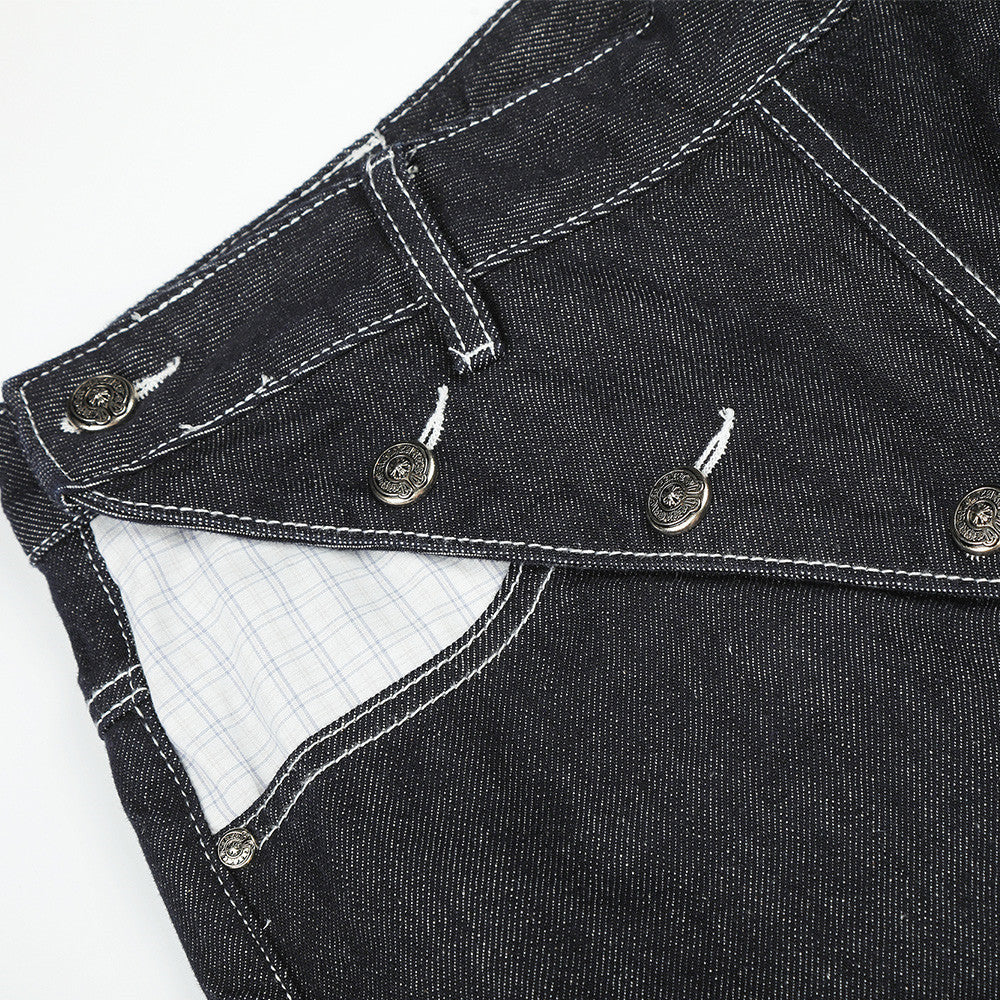 Herren Straight-Fit-Jeans – Wide-Leg-Rohdenim mit diagonalem Knopfverschluss und Karomuster