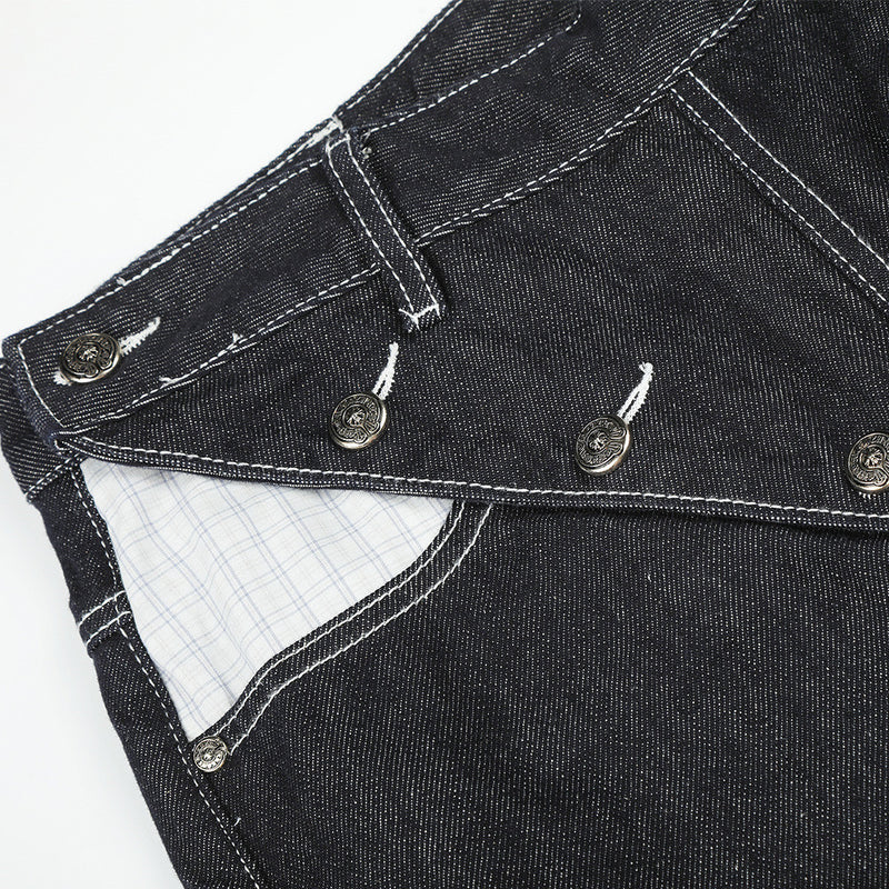 Herren Straight-Fit-Jeans – Wide-Leg-Rohdenim mit diagonalem Knopfverschluss und Karomuster