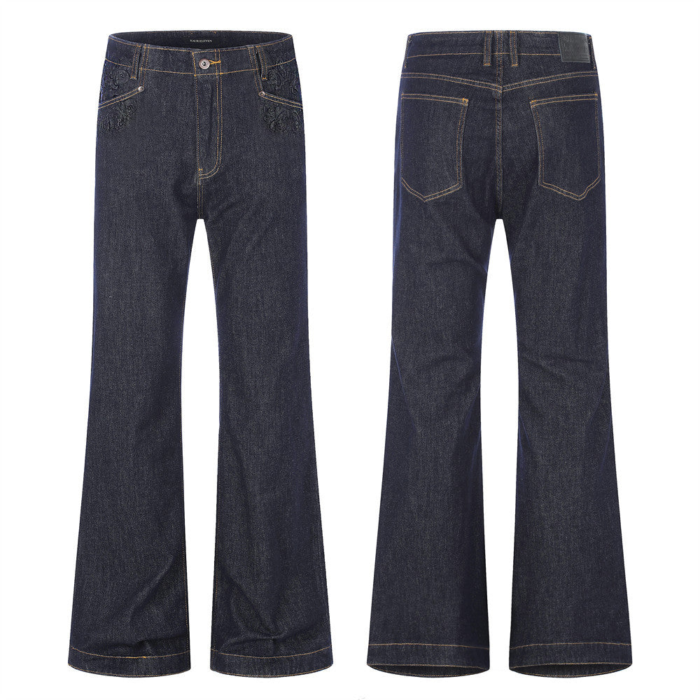 Wide-Leg Flare Jeans with Embossed Pocket Detail – Dark Indigo