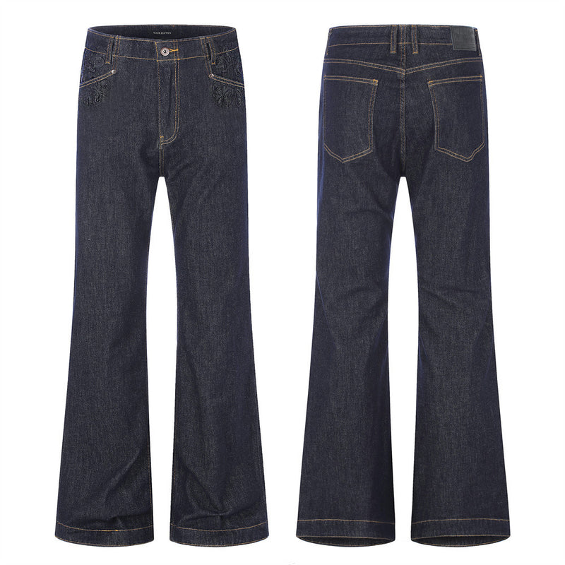 Wide-Leg Flare Jeans with Embossed Pocket Detail – Dark Indigo