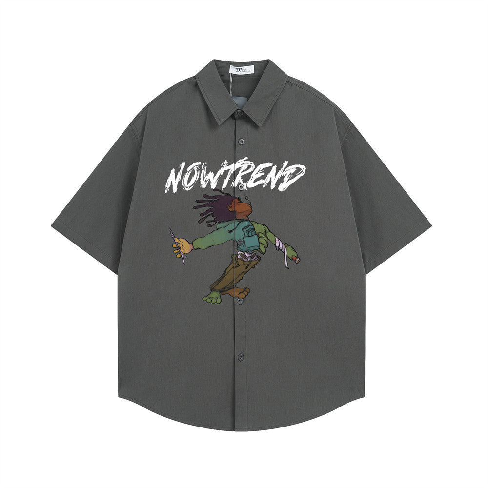 NOWTREND Graphic Print Short-Sleeve Shirt – Oversized Hip-Hop Button-Up