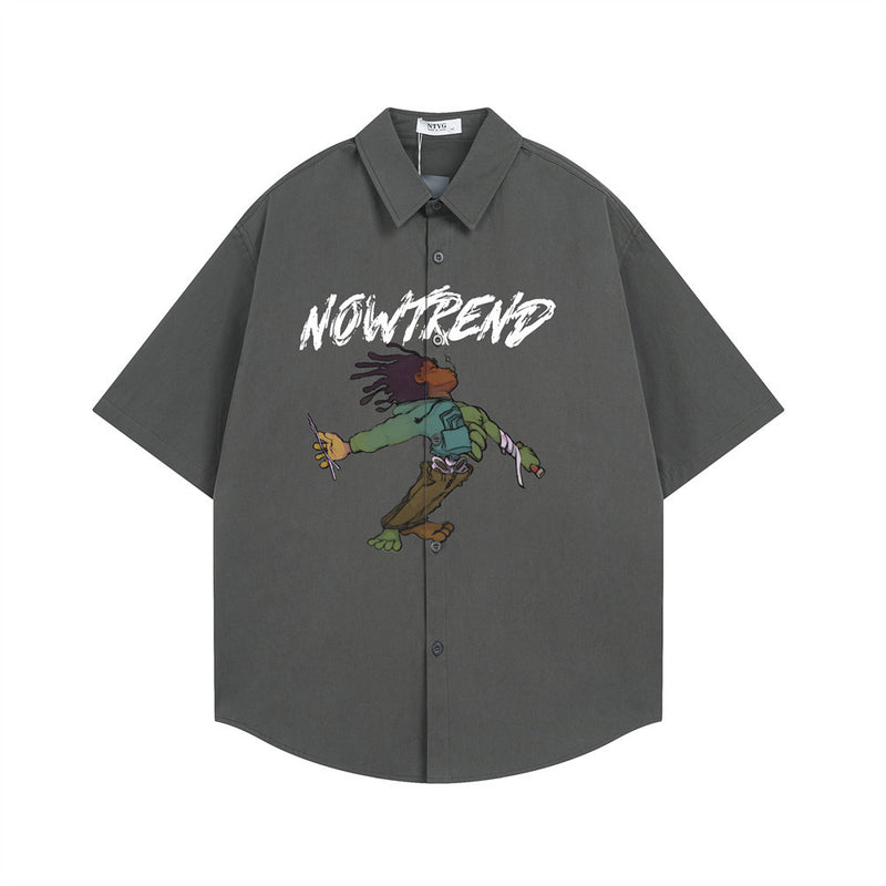 NOWTREND Graphic Print Short-Sleeve Shirt – Oversized Hip-Hop Button-Up
