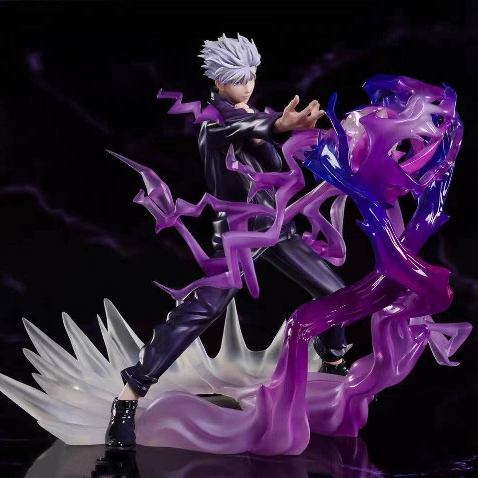 The Jujutsu Kaisen Satoru Gojo PVC Figure (1/7 Scale, 18 cm) captures the character in an action pose with spiky silver hair, wearing a dark outfit. Purple and pink energy effects swirl around him, set against a mysterious backdrop that enhances his dynamic essence.