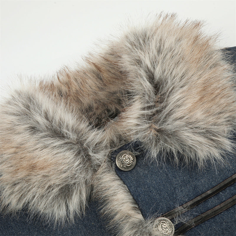 Men's Denim Jacket with Faux Fur Collar & Military Frog Button Closure