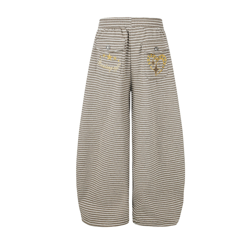 Wide-Leg Striped Sweatpants with Double-Button Detail & Drawstring Waist