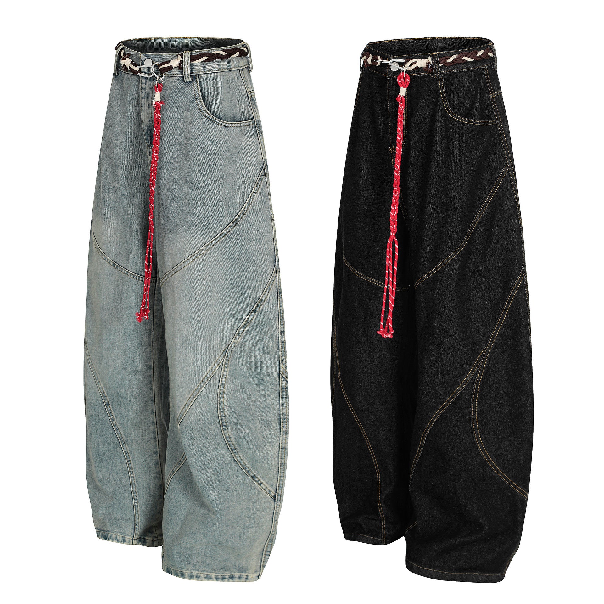 Vaqueros barrel de pierna ancha – Denim lavado con patchwork deconstruido y cinturón trenzado
