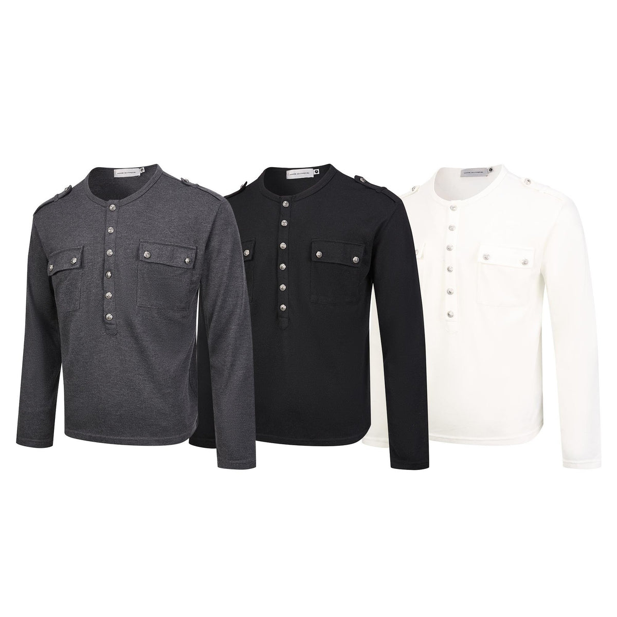 Men's Military-Style Henley Long Sleeve Shirt with Chest Pockets & Epaulettes