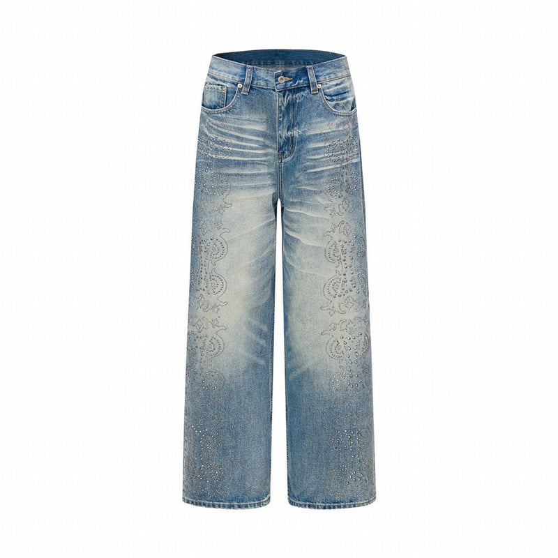 Jean vintage délavé à jambes larges pour homme avec motif cachemire en strass