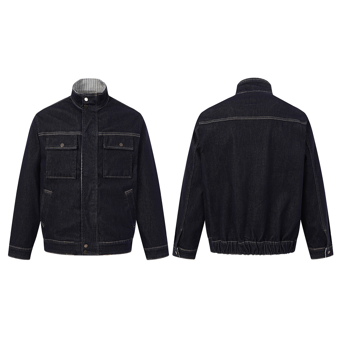 Veste de travail en denim indigo foncé – Coupe carrée, col montant et poches poitrine