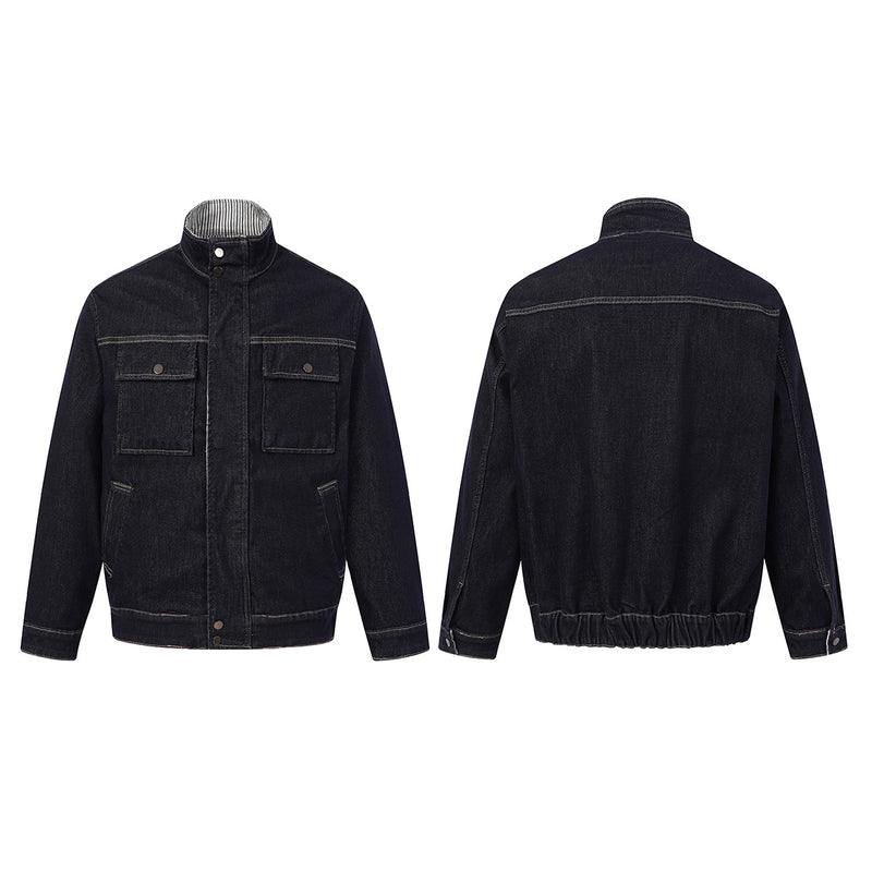 Veste de travail en denim indigo foncé – Coupe carrée, col montant et poches poitrine