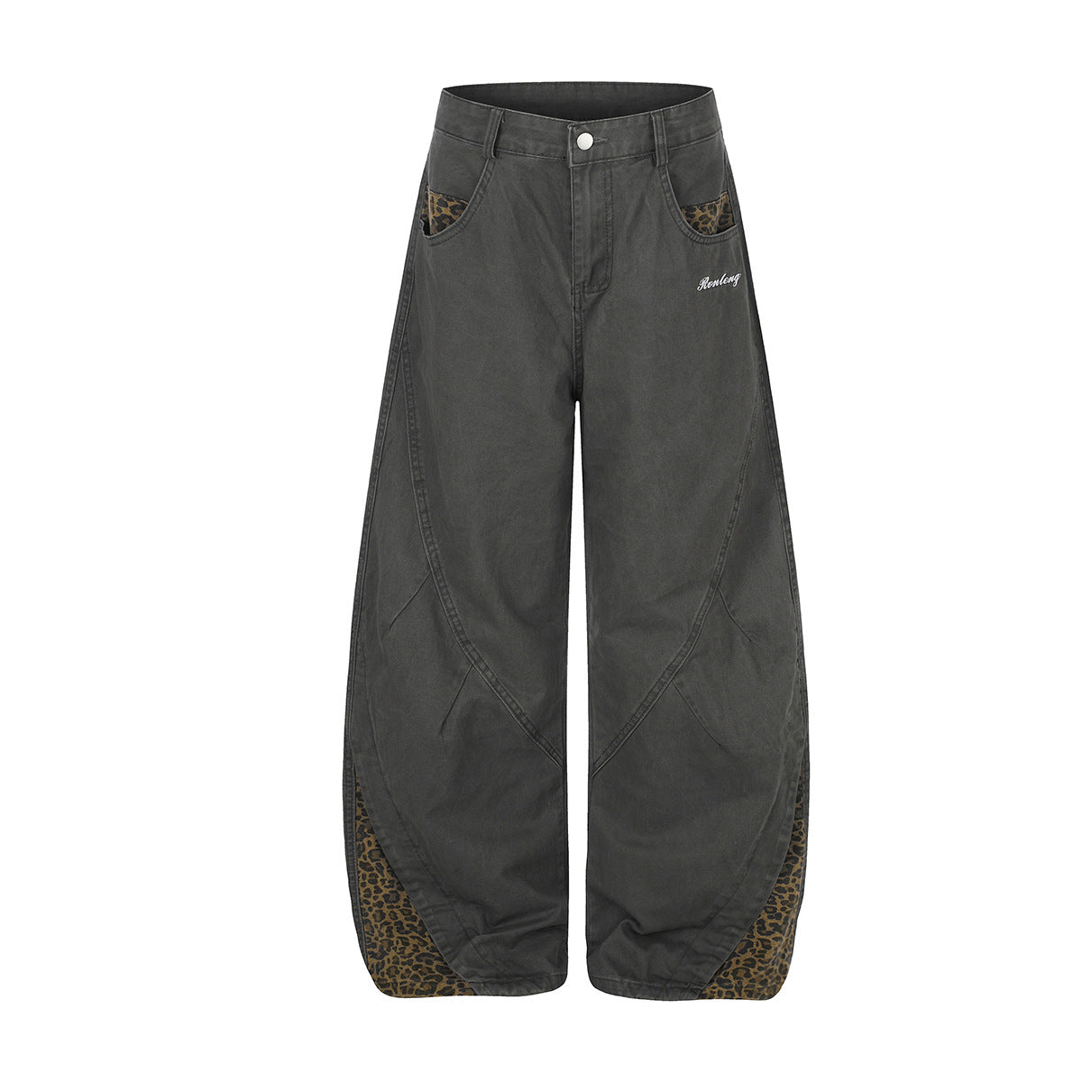Pantalones de pierna ancha con paneles de estampado de leopardo – Pantalones banana de corte relajado