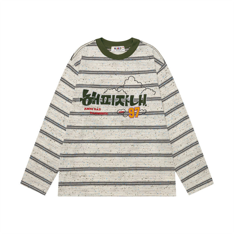 Men's oversized striped long-sleeve shirt with Korean embroidered graphic and cloud motif on cream speckled fabric with olive