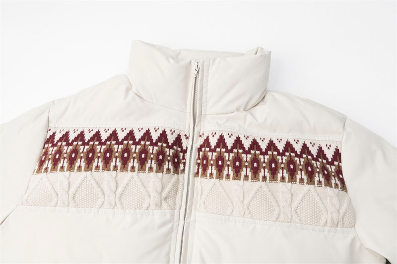 Men's Oversized Puffer Jacket with Fair Isle Knit Panel & Stand Collar