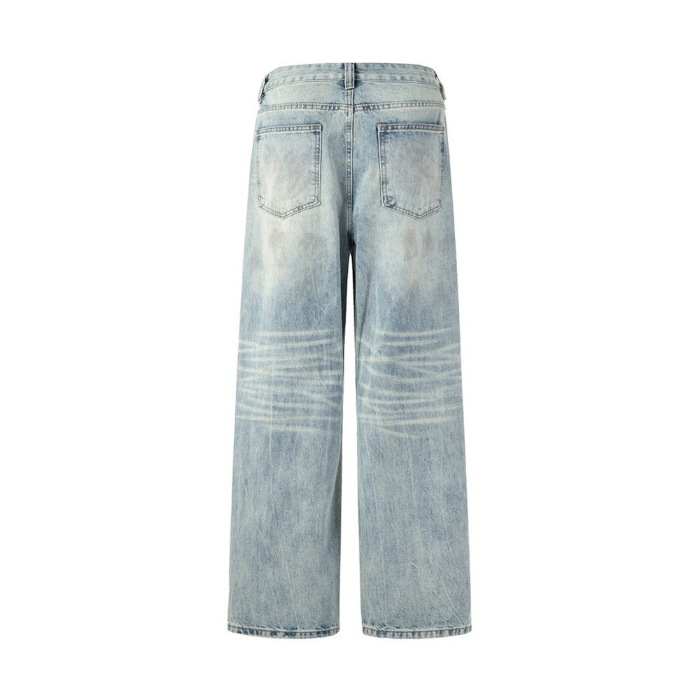 Wide-Leg Distressed Jeans – Light Wash Vintage Ripped Straight Denim