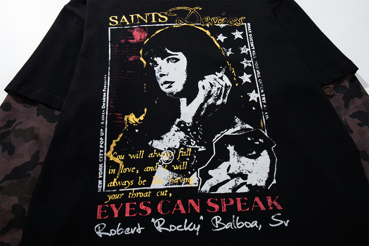 Saints Desires Rock Graphic Layered Long-Sleeve T-Shirt – Black with Camo
