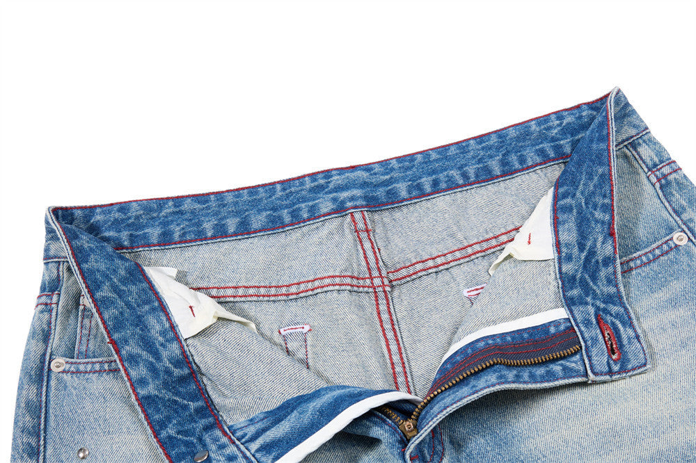 Men's Distressed Wide-Leg Flare Jeans with Stud Details – Washed Blue