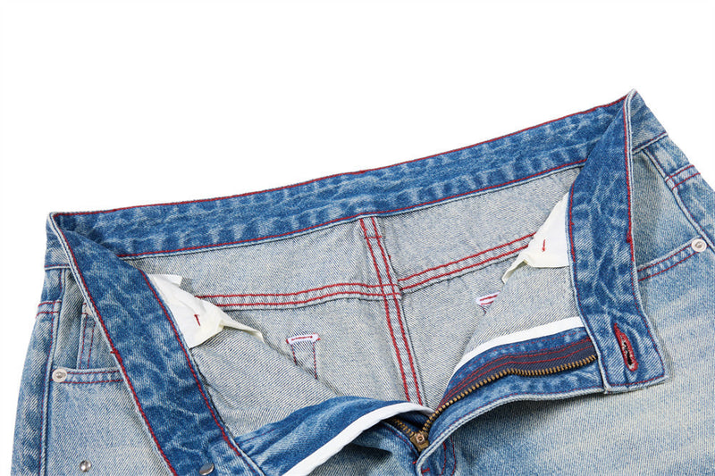Men's Distressed Wide-Leg Flare Jeans with Stud Details – Washed Blue